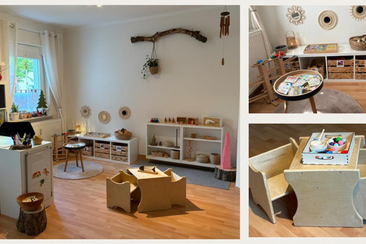 Eine Collage mit drei verschiedenen Bilder. Die Bilder zeigen Ausschnitte eines Kinderzimmers mit Regalen, Holzspielzeug und einem Kindertisch mit Stühlen in der Mitte des Raums.