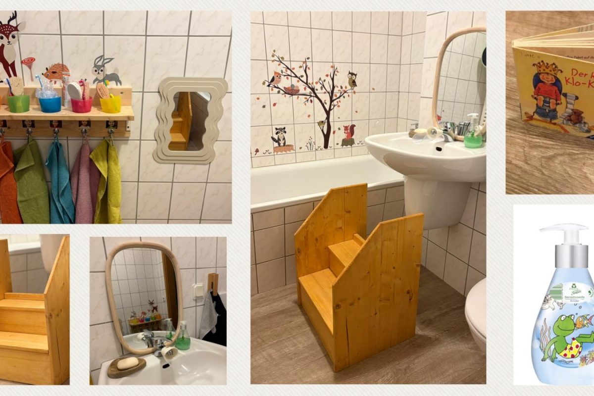 Eine Collage mit sechs verschiedenen Bilder. Die Bilder zeigen Ausschnitte eines Badezimmers, das für Kinder ausgestattet ist.