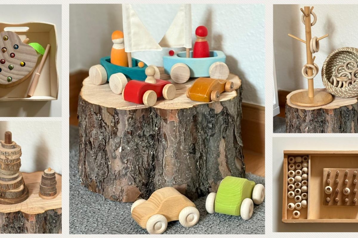 Eine Collage mit fünf Bildern. Auf den Bildern sind Kinder-Holzspielzeuge abgebildet.