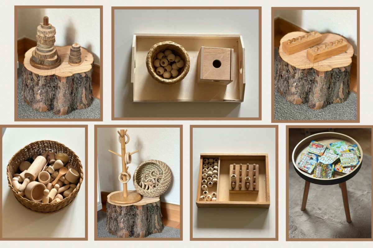 Eine Collage aus verschiedenen Bildern mit Kinder-Holzspielzeug.