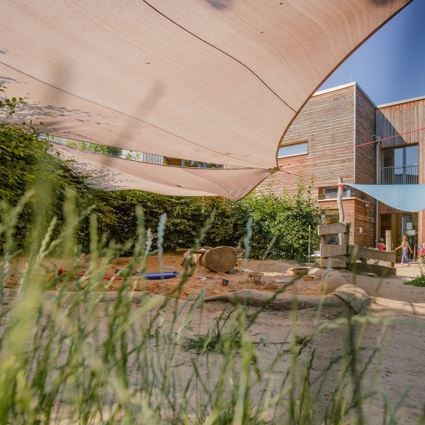 Kita-Garten mit großem Sandkasten, der mit einem Sonnensegel abgeschattet wird.