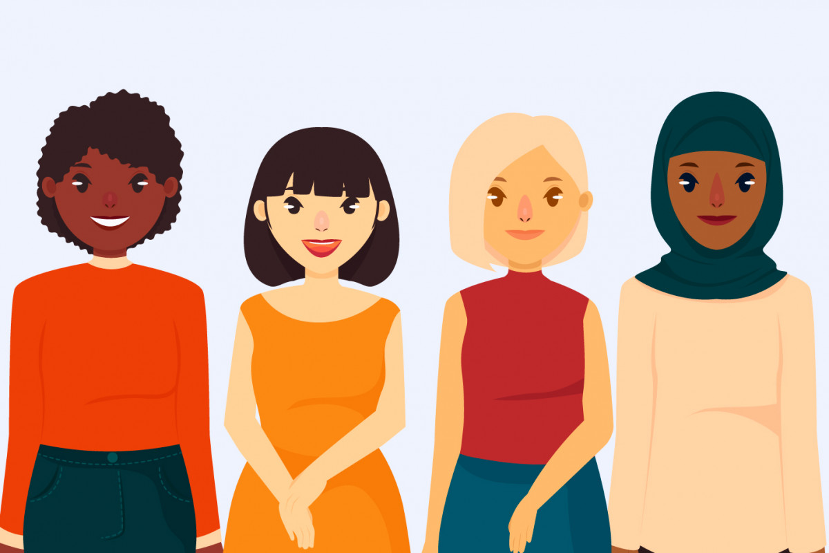 Vier nebeneinander stehende Frauen im Comicformat, die verschiedene Kulturen darstellen sollen.