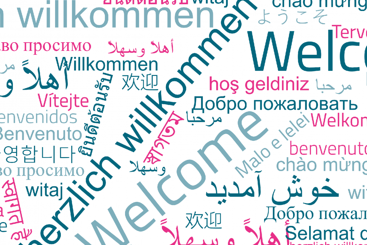Abbildung des Wortes "Willkommen" in den 30 häufigsten Sprachen