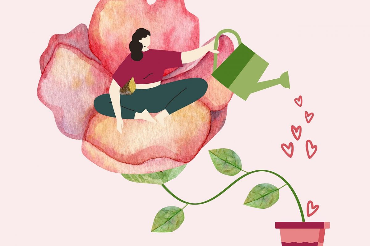 Eine Grafik einer Frau, die auf einer Blume sitzt und diese gießt.