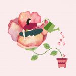 Eine Grafik einer Frau, die auf einer Blume sitzt und diese gießt.