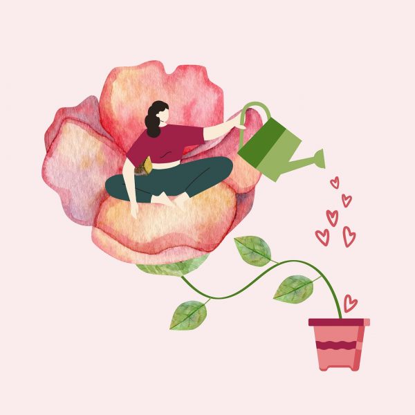 Eine Grafik einer Frau, die auf einer Blume sitzt und diese gießt.
