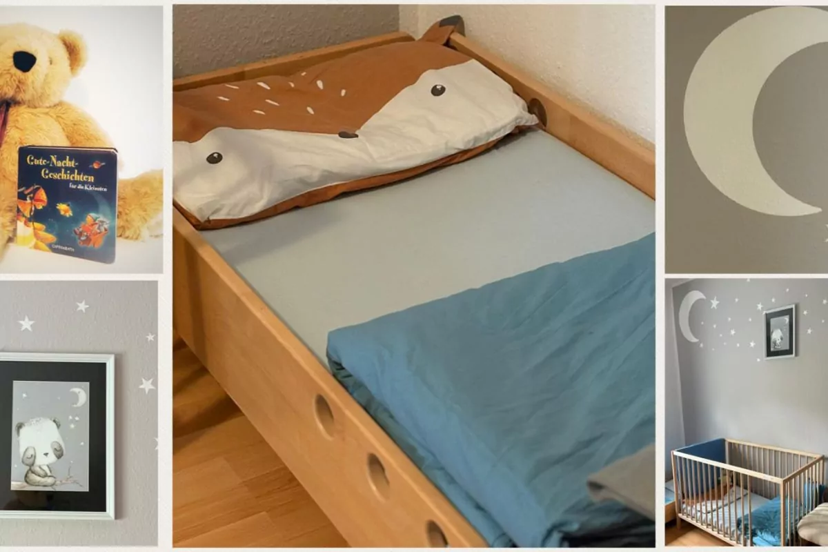 Eine Collage mit fünf verschiedenen Bildern. Die Bilder zeigen verschiedenen Ausschnitte eines Kinder-Schlafzimmers.