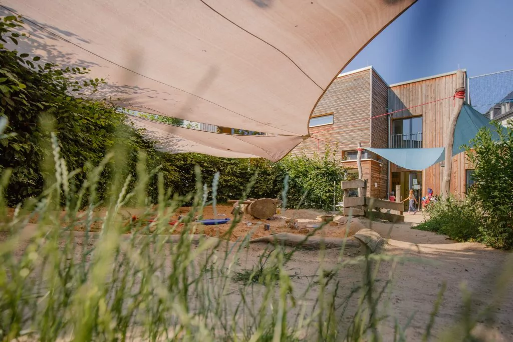 Kita-Garten mit großem Sandkasten, der mit einem Sonnensegel abgeschattet wird.