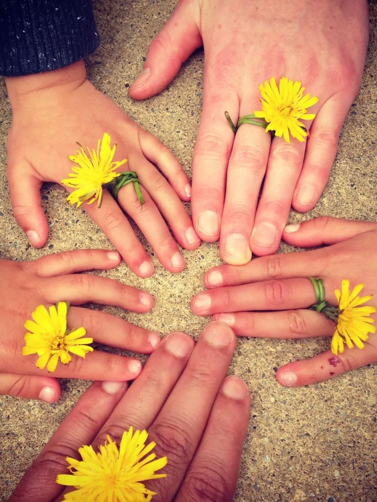 Hände von Kindern und Erwachsenen im Kreis angeordnet