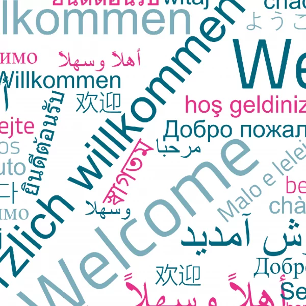 Abbildung des Wortes "Willkommen" in den 30 häufigsten Sprachen