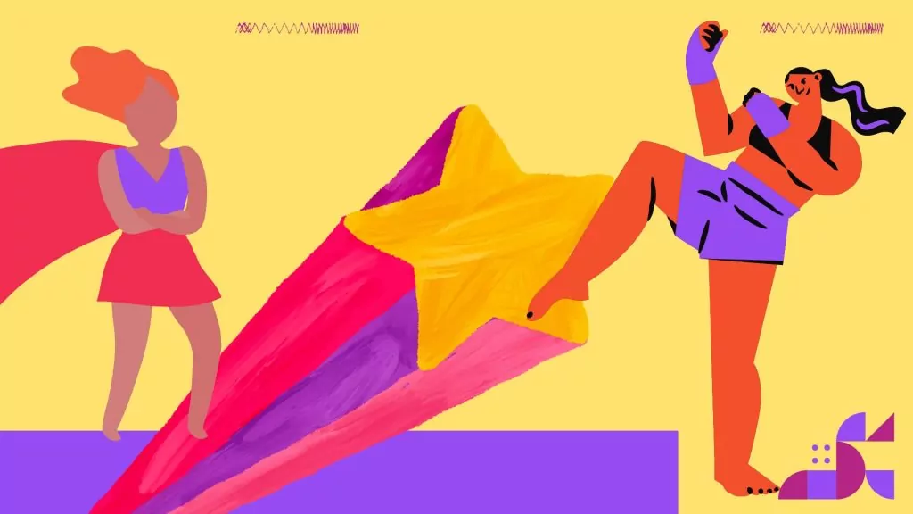 Empowerment und Selbstverteidigung für Mütter mit Rassismuserfahrung - FiZ Leipzig Die Grafik zeigt zwei Frauen und eine große Sternschnuppe in knalligen Farben. Die eine Frau trägt ein Superheldinnen-Cape, die andere Frau macht kraftvolle dynamische Kampfsportbewegungen.