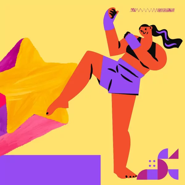 Die Grafik zeigt zwei Frauen und eine große Sternschnuppe in knalligen Farben. Die eine Frau trägt ein Superheldinnen-Cape, die andere Frau macht kraftvolle dynamische Kampfsportbewegungen.