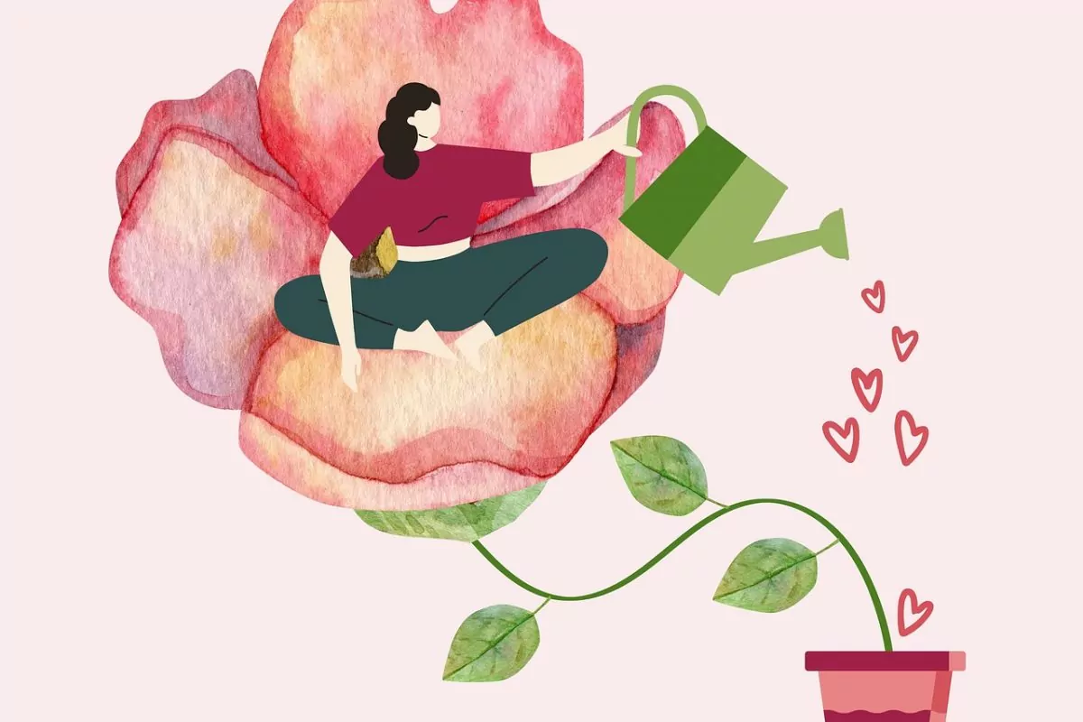 Eine Grafik einer Frau, die auf einer Blume sitzt und diese gießt.