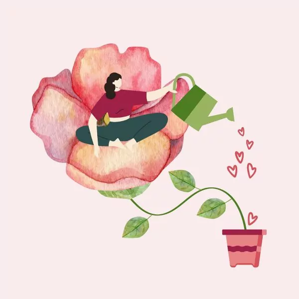 Eine Grafik einer Frau, die auf einer Blume sitzt und diese gießt.
